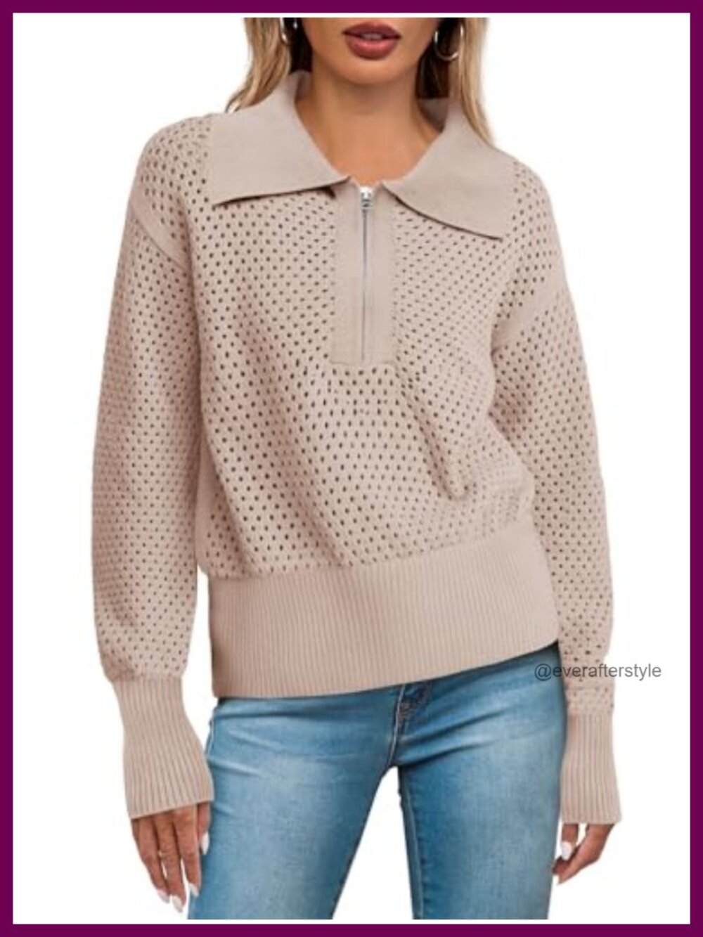 Womens Crochet Sweater 1/4 Zip Pullover Long Sleeve Knit Viscose Nylon Polyester